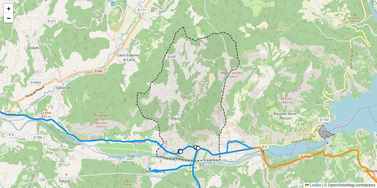 Carte du réseau de transport en commun à Théus - lignes de bus et arrêts