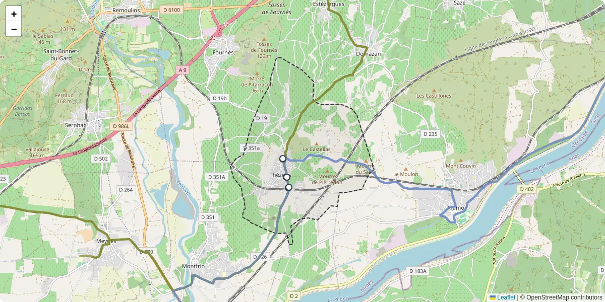 Carte du réseau de transport en commun à Théziers - lignes de bus et arrêts