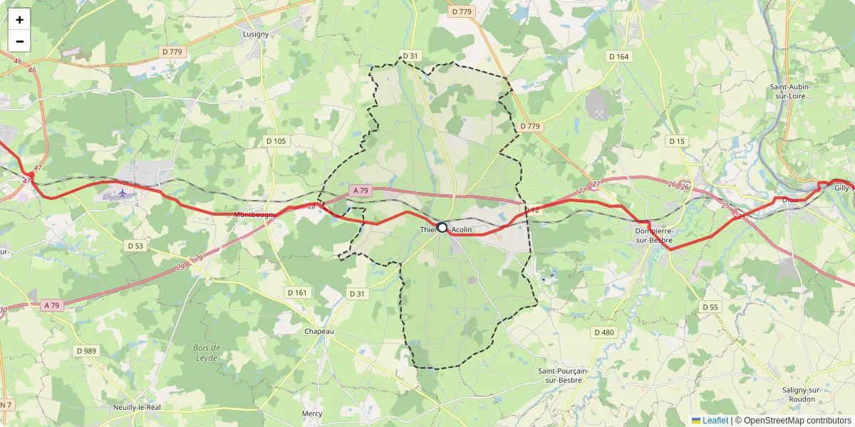 Carte du réseau de transport en commun à Thiel-sur-Acolin - lignes de bus et arrêts