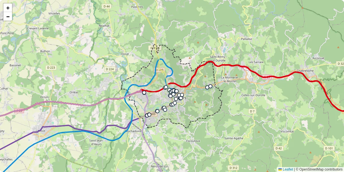 Carte du réseau de transport en commun à Thiers - lignes de bus et arrêts