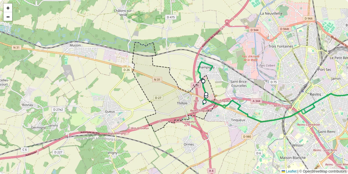 Carte du réseau de transport en commun à Thillois - lignes de bus et arrêts