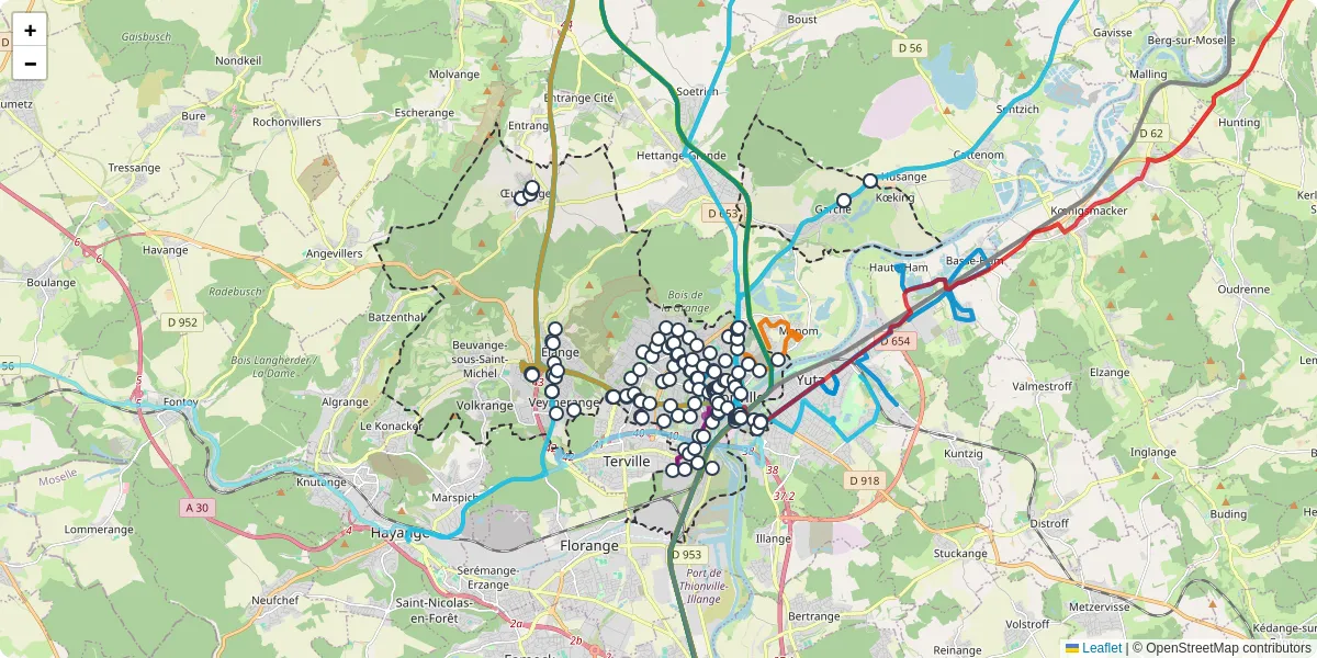 Carte du réseau de transport en commun à Thionville - lignes de bus et arrêts