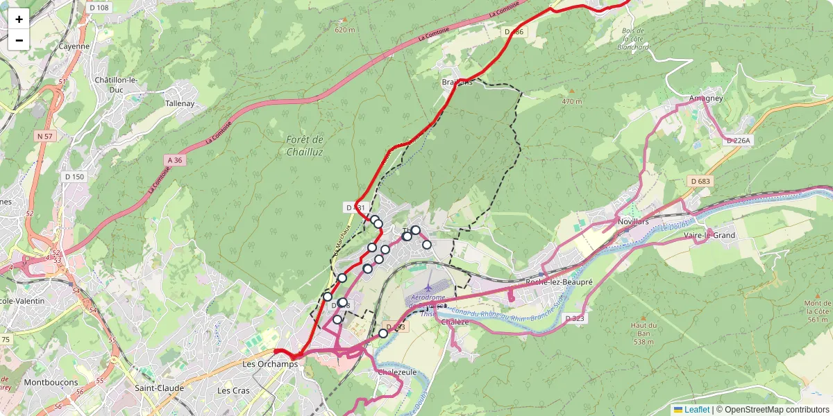 Carte du réseau de transport en commun à Thise - lignes de bus et arrêts