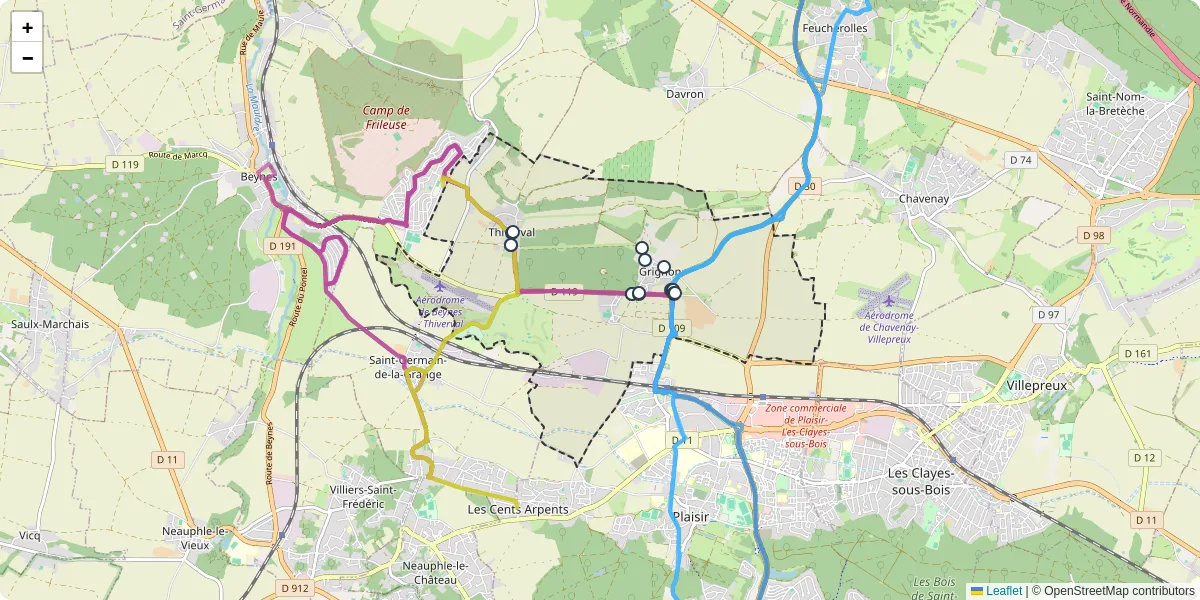 Carte du réseau de transport en commun à Thiverval-Grignon - lignes de bus et arrêts