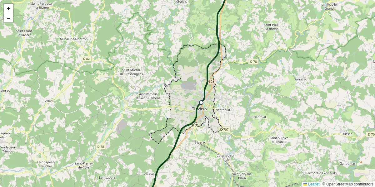 Carte du réseau de transport en commun à Thiviers - lignes de bus et arrêts