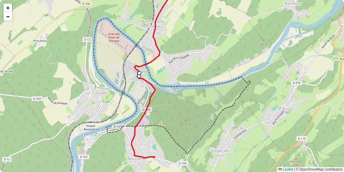 Carte du réseau de transport en commun à Thoraise - lignes de bus et arrêts