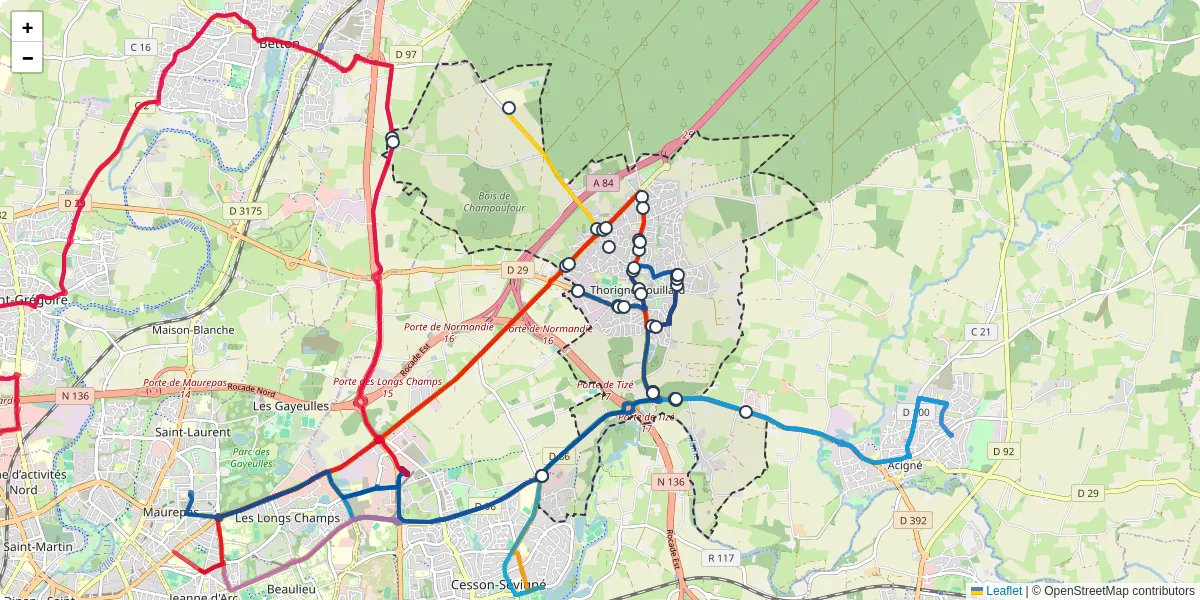 Carte du réseau de transport en commun à Thorigné-Fouillard - lignes de bus et arrêts