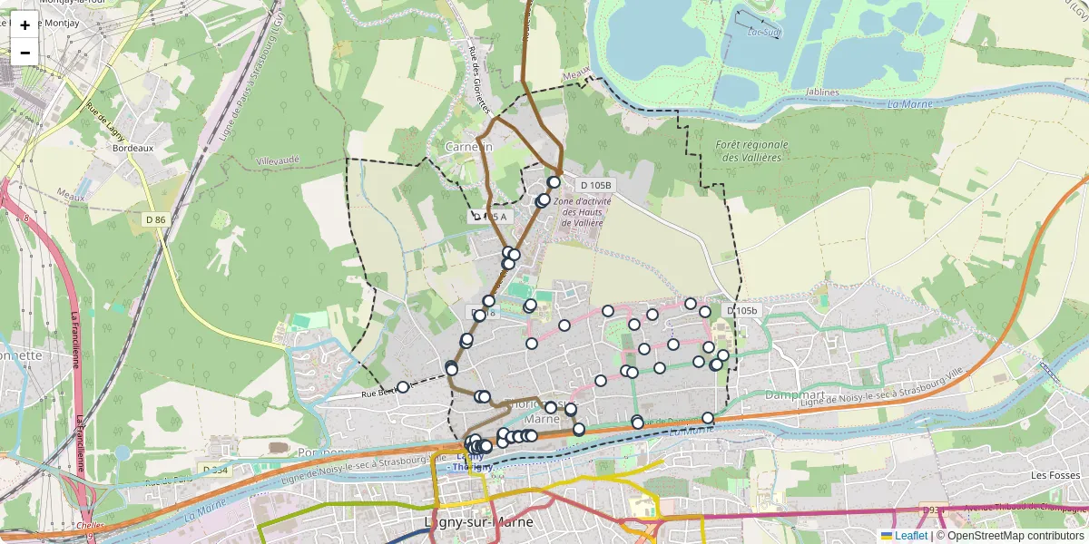 Carte du réseau de transport en commun à Thorigny-sur-Marne - lignes de bus et arrêts