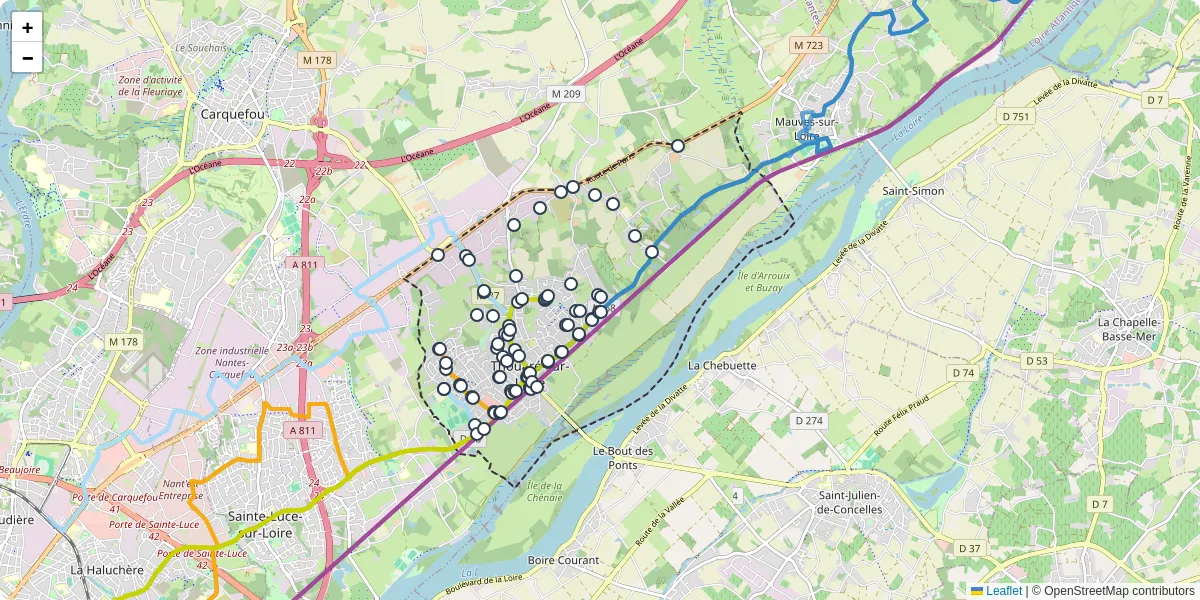 Carte du réseau de transport en commun à Thouaré-sur-Loire - lignes de bus et arrêts