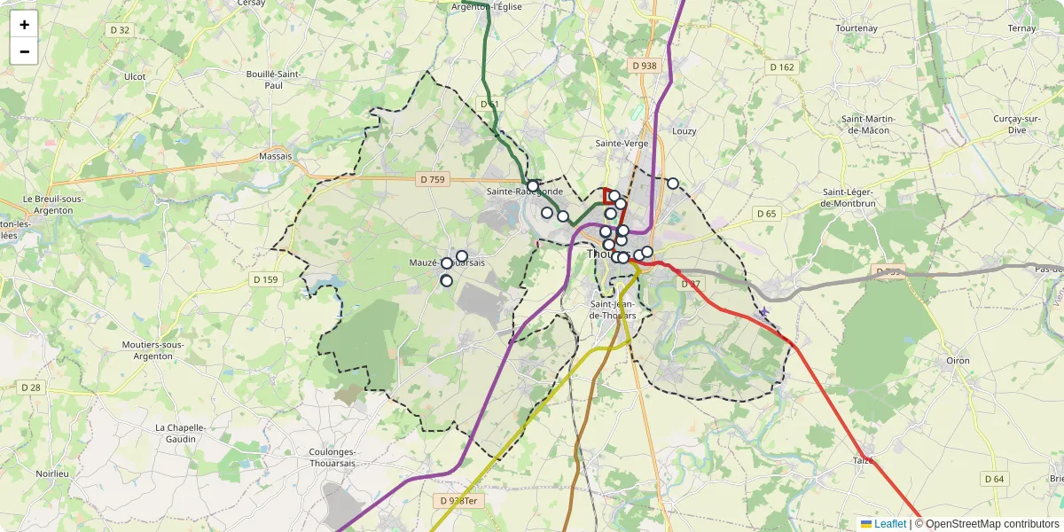 Carte du réseau de transport en commun à Thouars - lignes de bus et arrêts