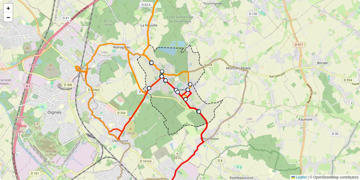 Carte du réseau de transport en commun à Thumeries - lignes de bus et arrêts