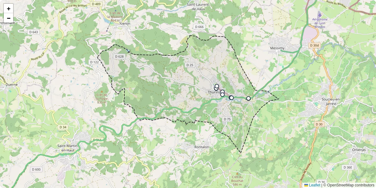 Carte du réseau de transport en commun à Thurins - lignes de bus et arrêts