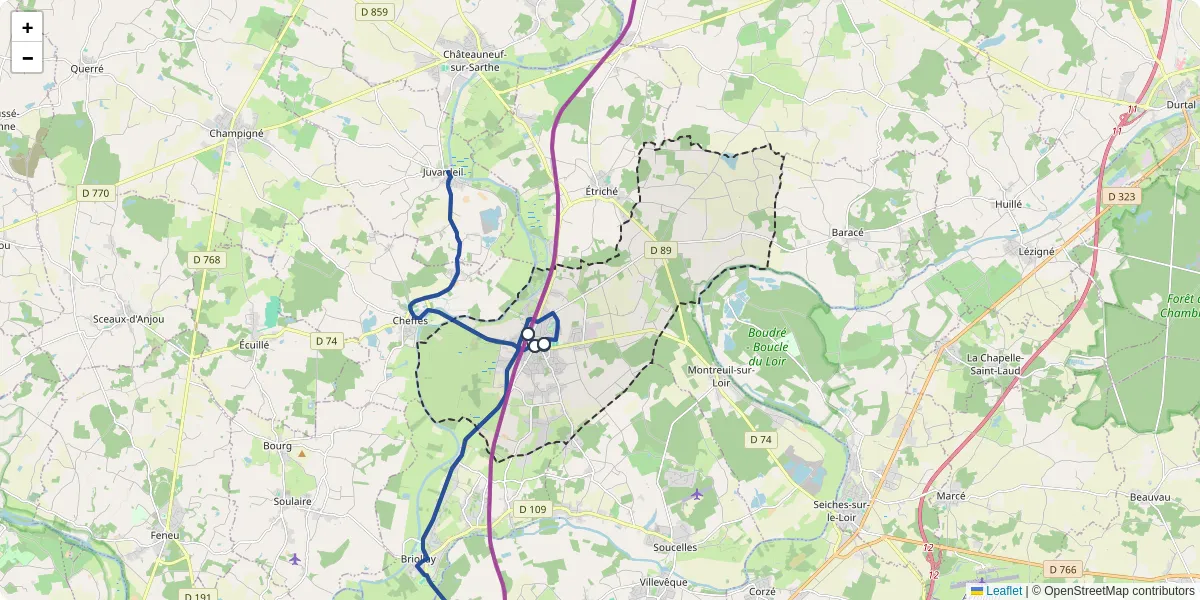 Carte du réseau de transport en commun à Tiercé - lignes de bus et arrêts