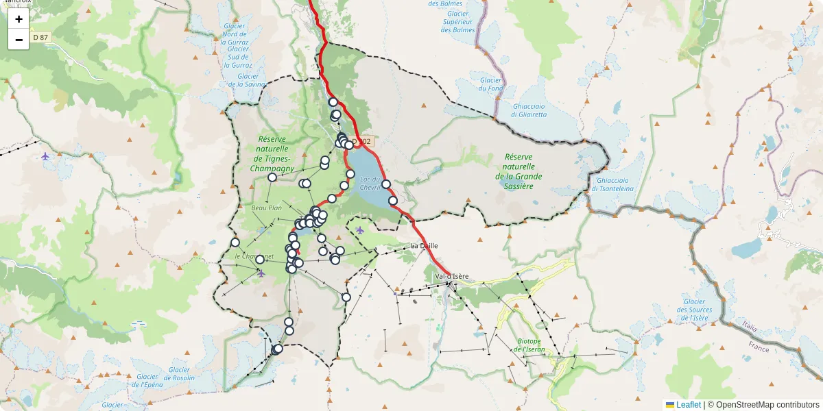 Carte du réseau de transport en commun à Tignes - lignes de bus et arrêts