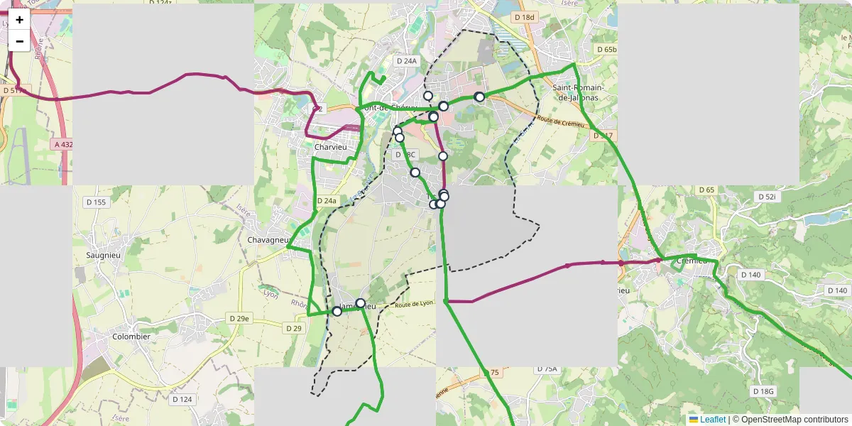 Carte du réseau de transport en commun à Tignieu-Jameyzieu - lignes de bus et arrêts