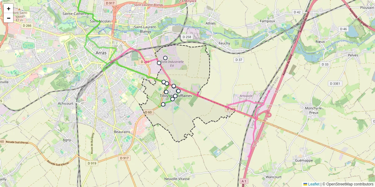 Carte du réseau de transport en commun à Tilloy-lès-Mofflaines - lignes de bus et arrêts
