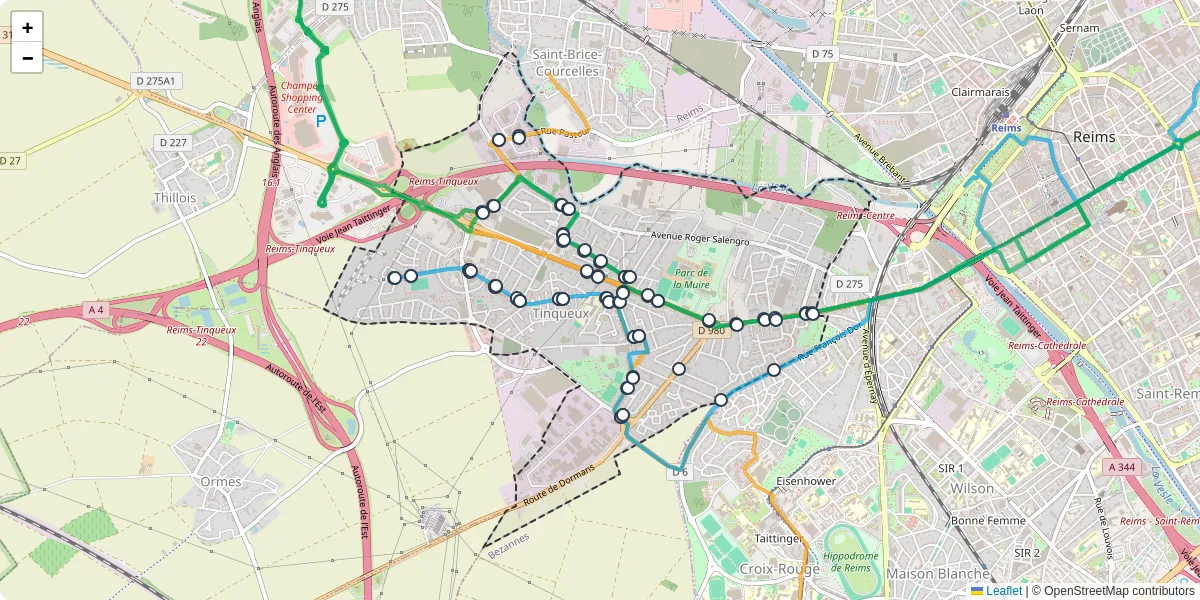 Carte du réseau de transport en commun à Tinqueux - lignes de bus et arrêts