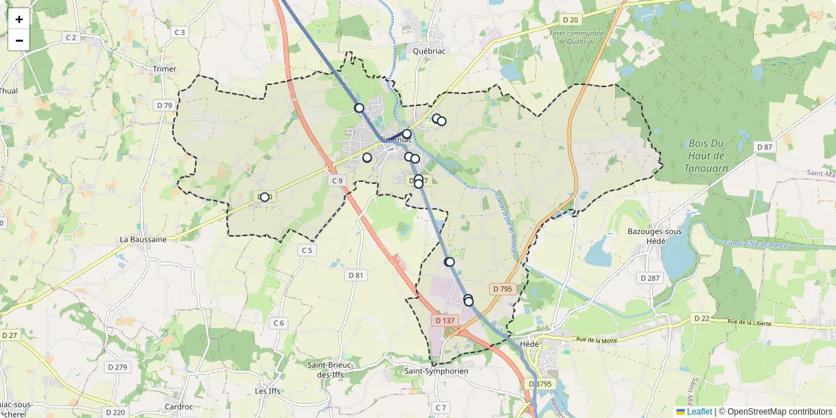 Carte du réseau de transport en commun à Tinténiac - lignes de bus et arrêts