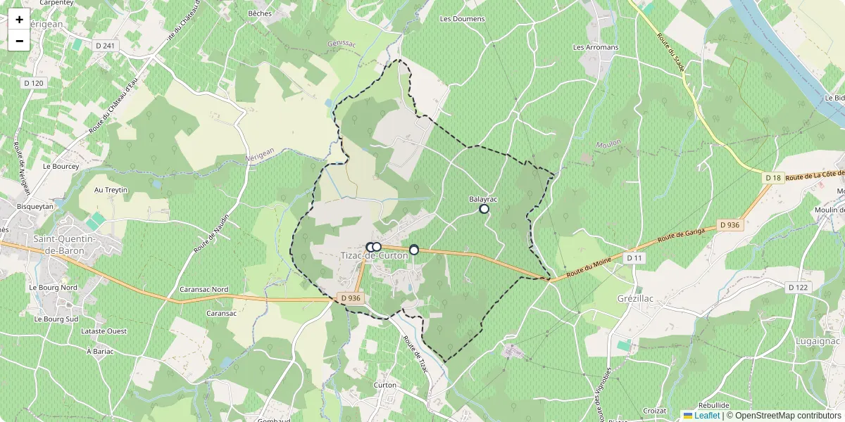 Carte du réseau de transport en commun à Tizac-de-Curton - lignes de bus et arrêts