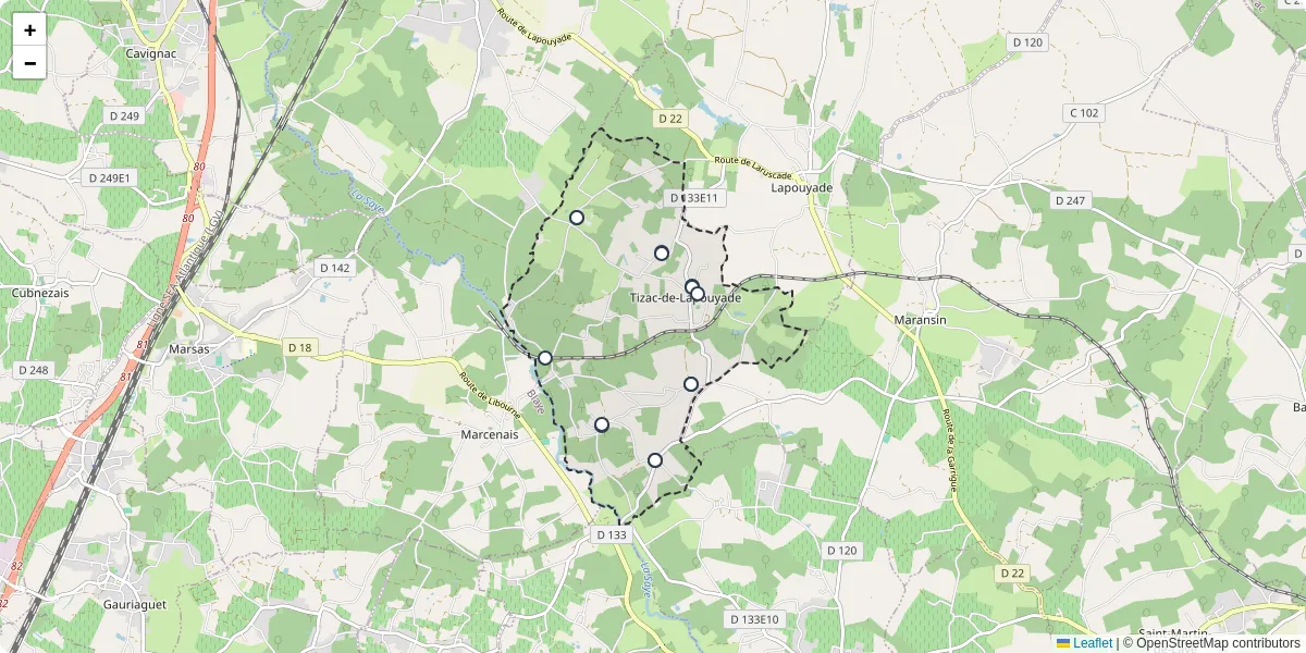 Carte du réseau de transport en commun à Tizac-de-Lapouyade - lignes de bus et arrêts