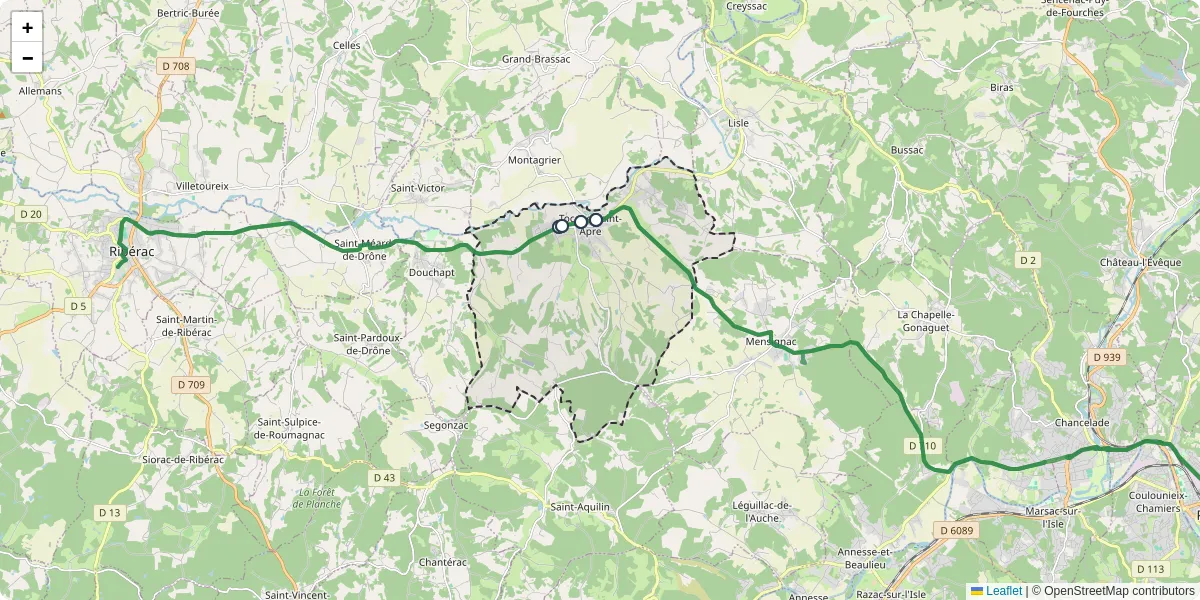 Carte du réseau de transport en commun à Tocane-Saint-Apre - lignes de bus et arrêts