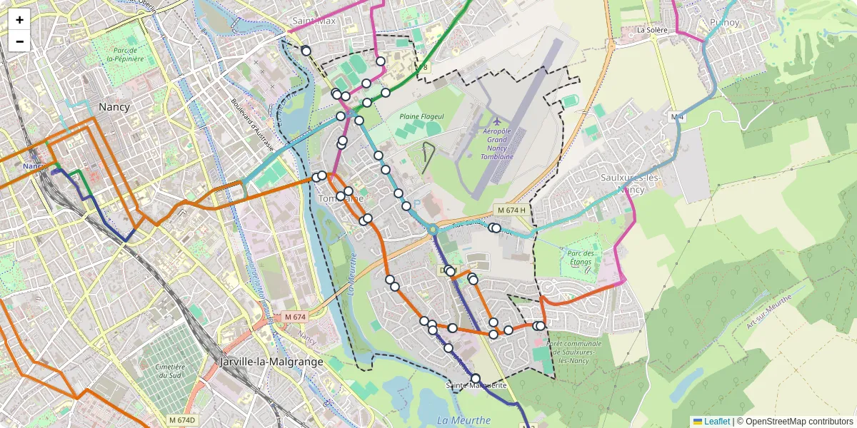 Carte du réseau de transport en commun à Tomblaine - lignes de bus et arrêts