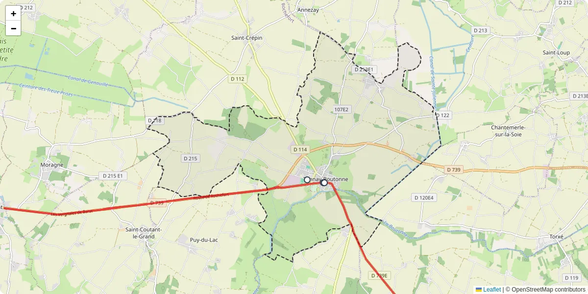 Carte du réseau de transport en commun à Tonnay-Boutonne - lignes de bus et arrêts