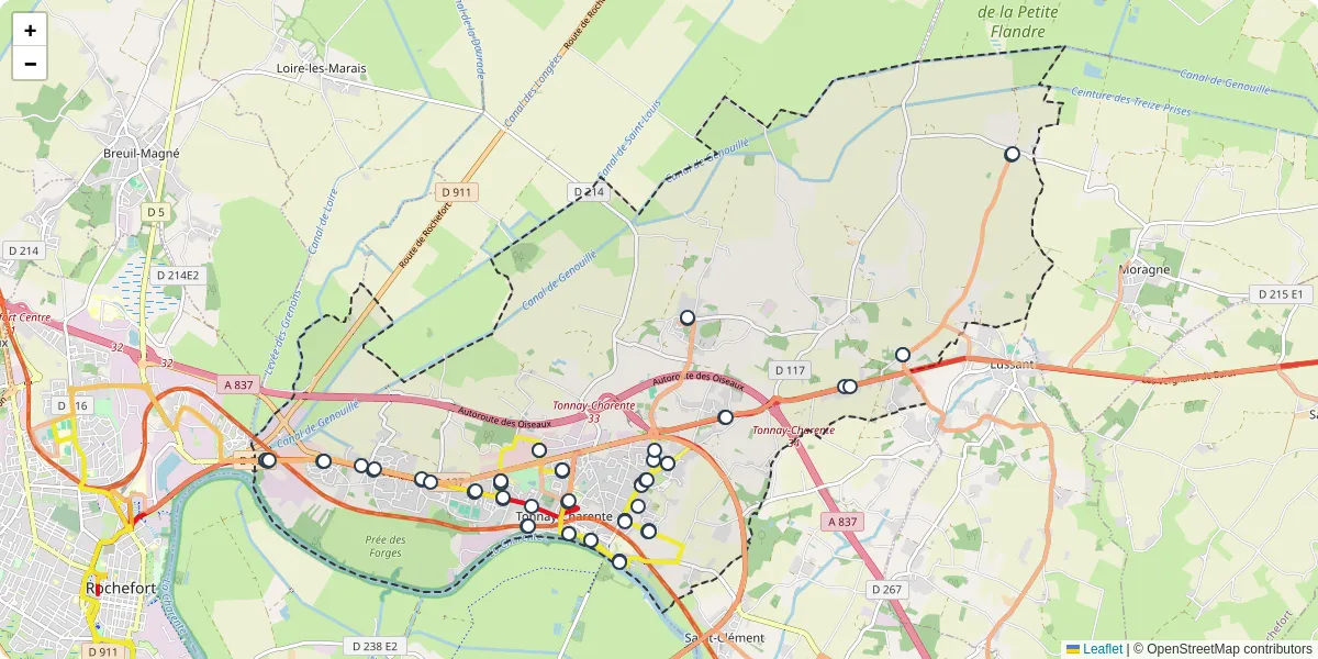 Carte du réseau de transport en commun à Tonnay-Charente - lignes de bus et arrêts