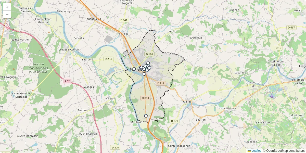 Carte du réseau de transport en commun à Tonneins - lignes de bus et arrêts
