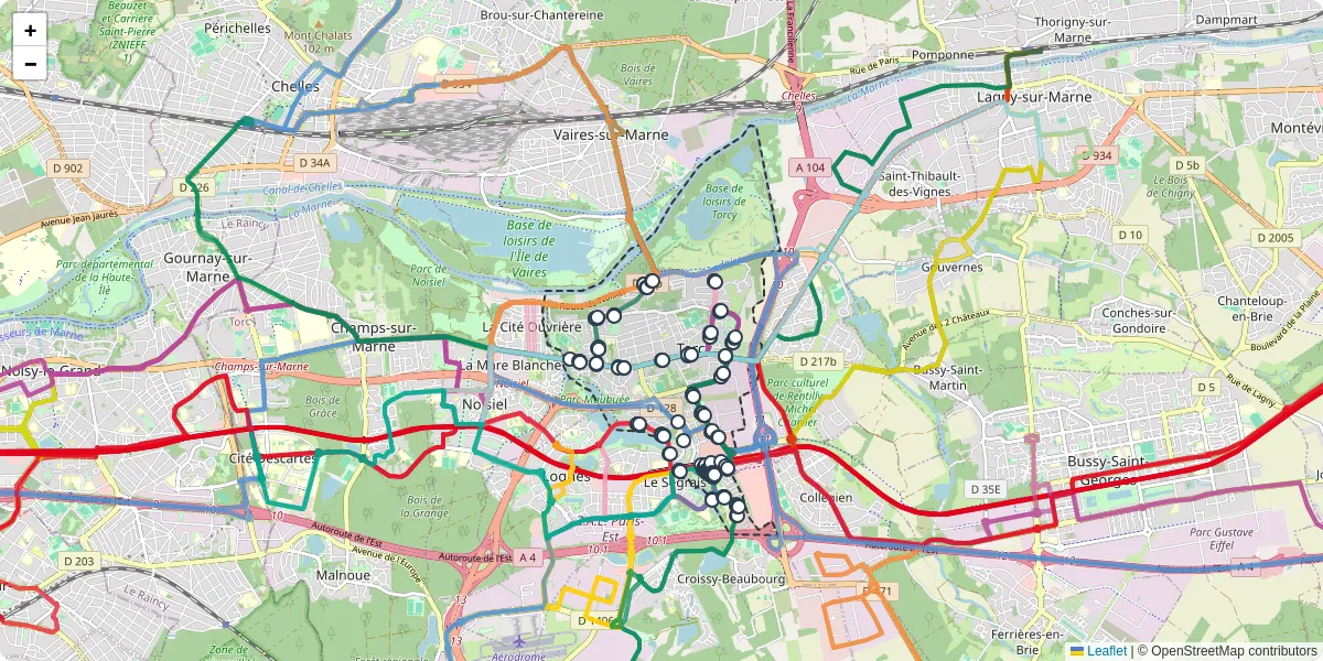 Carte du réseau de transport en commun à Torcy - lignes de bus et arrêts