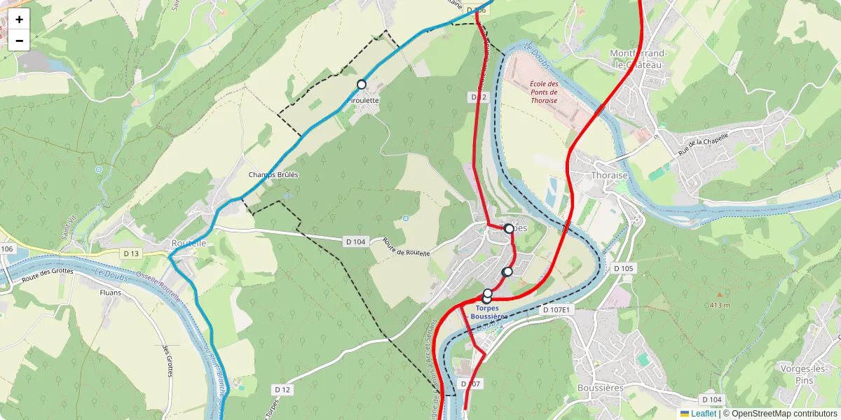 Carte du réseau de transport en commun à Torpes - lignes de bus et arrêts