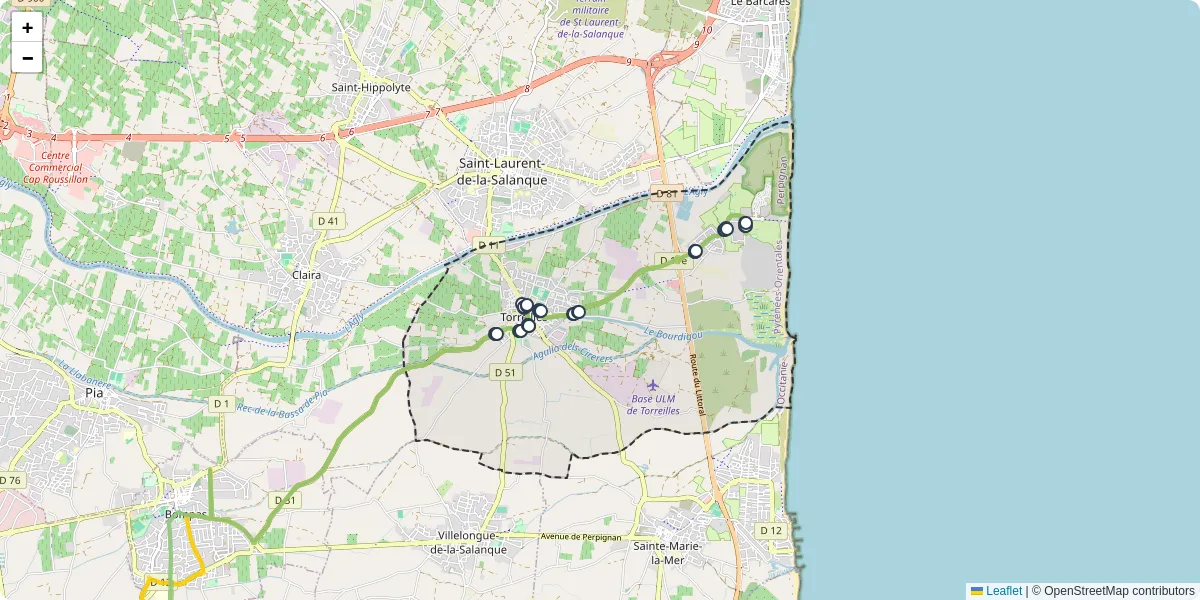 Carte du réseau de transport en commun à Torreilles - lignes de bus et arrêts