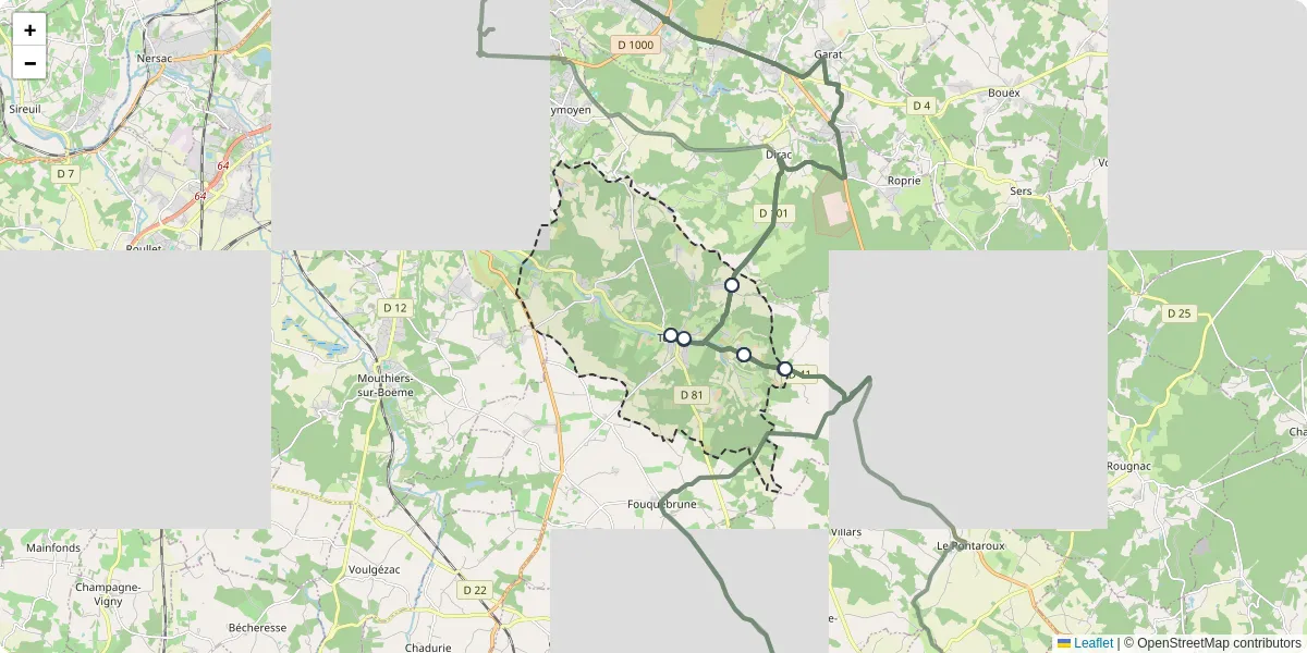 Carte du réseau de transport en commun à Torsac - lignes de bus et arrêts