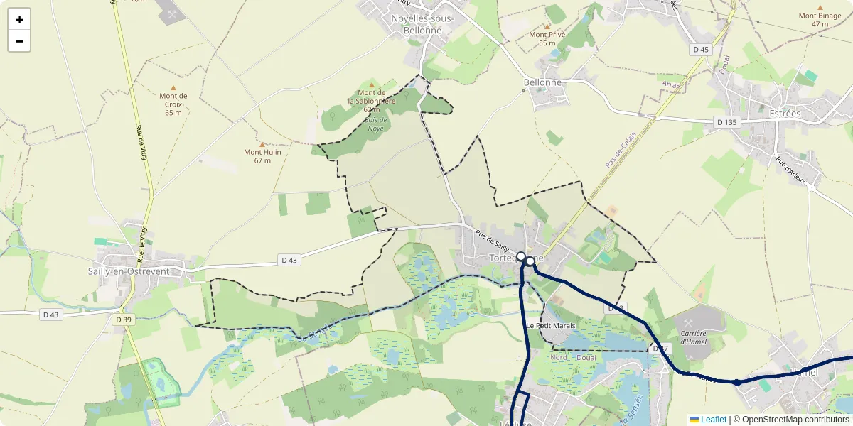 Carte du réseau de transport en commun à Tortequesne - lignes de bus et arrêts