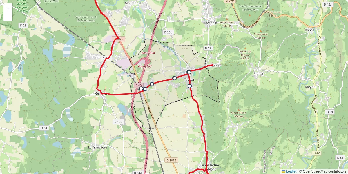 Carte du réseau de transport en commun à Tossiat - lignes de bus et arrêts