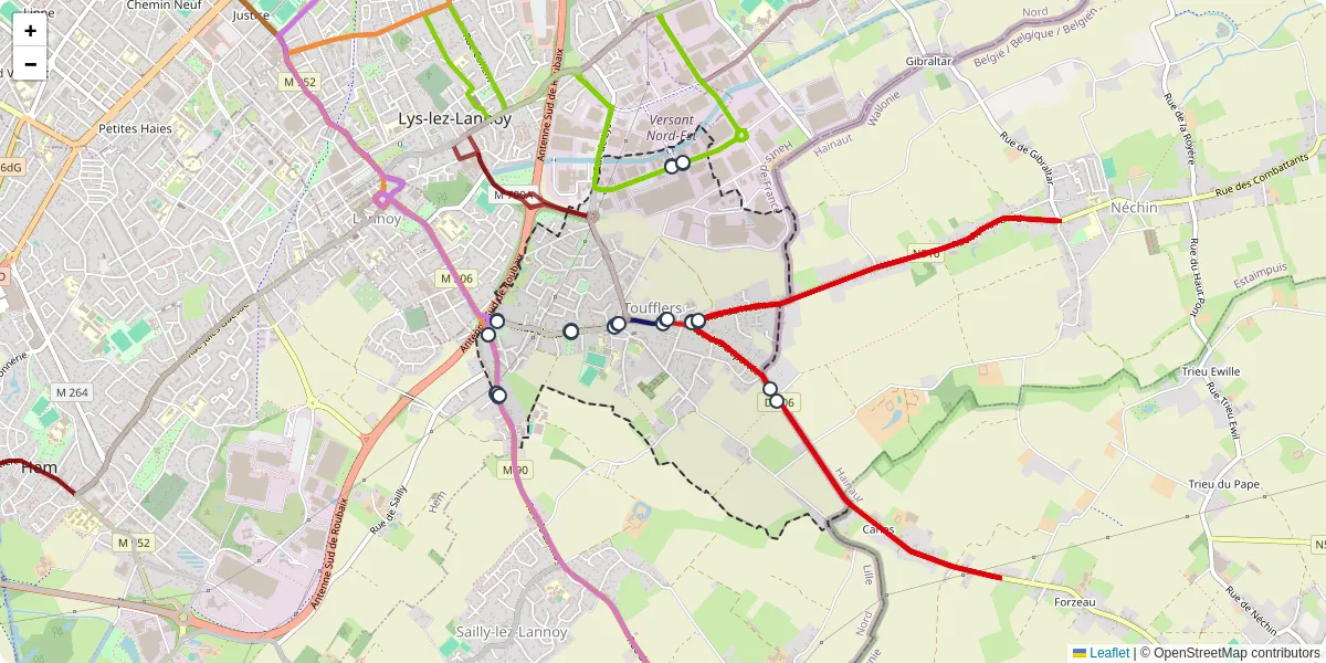 Carte du réseau de transport en commun à Toufflers - lignes de bus et arrêts
