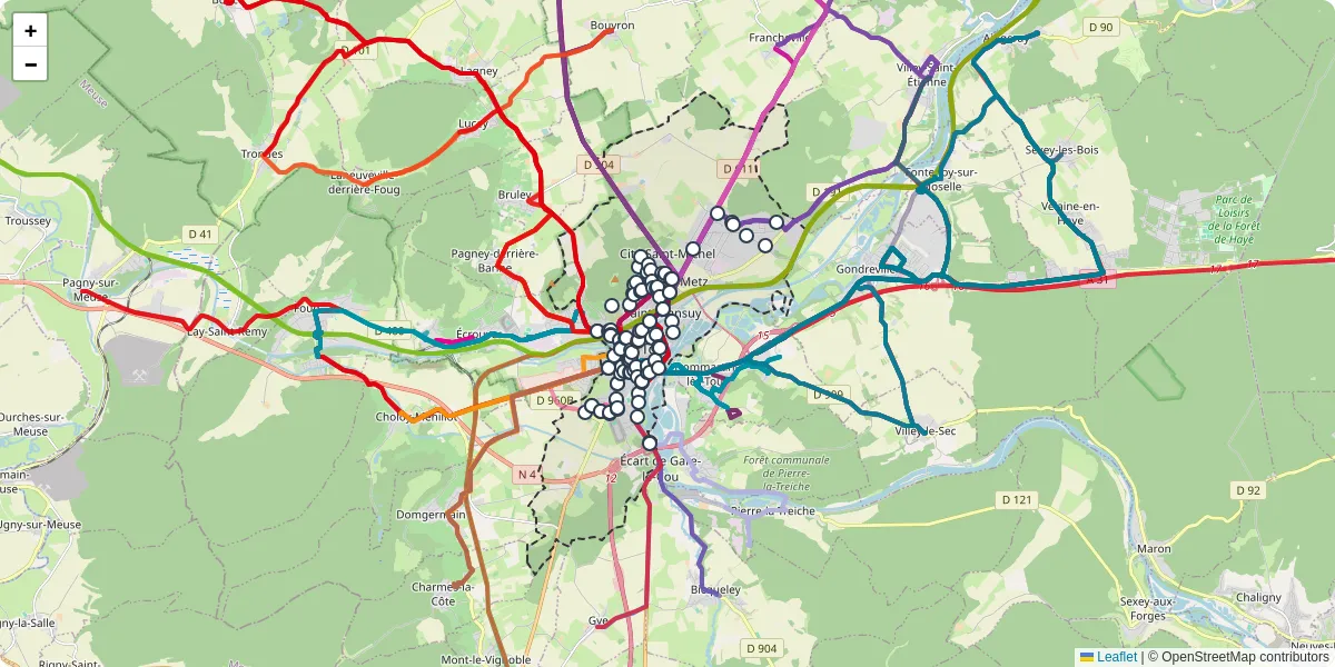 Carte du réseau de transport en commun à Toul - lignes de bus et arrêts