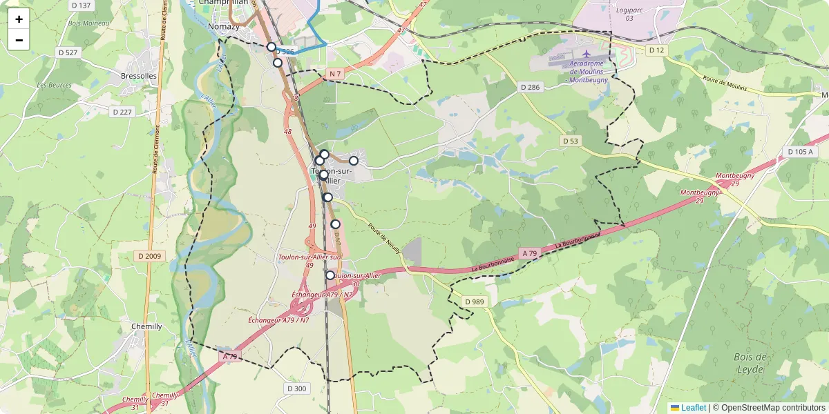 Carte du réseau de transport en commun à Toulon-sur-Allier - lignes de bus et arrêts
