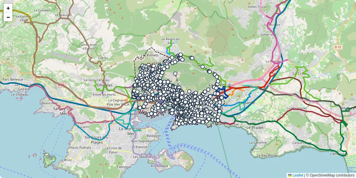 Carte du réseau de transport en commun à Toulon - lignes de bus et arrêts