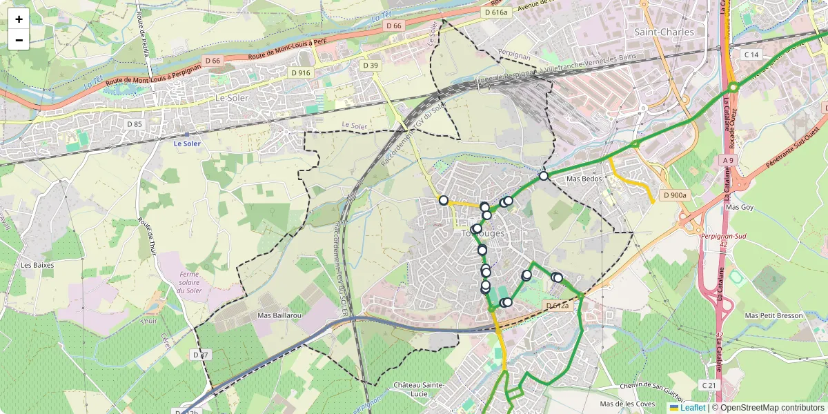 Carte du réseau de transport en commun à Toulouges - lignes de bus et arrêts