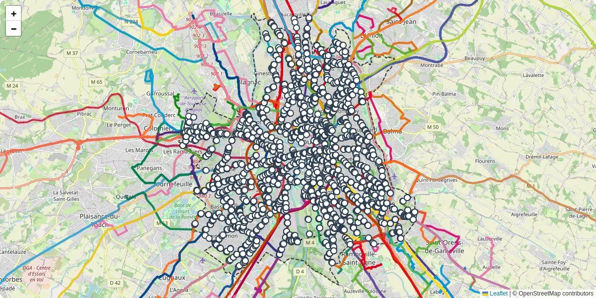 Carte du réseau de transport en commun à Toulouse - lignes de bus et arrêts