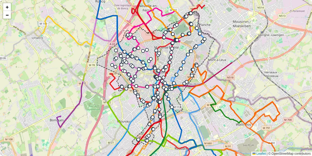 Carte du réseau de transport en commun à Tourcoing - lignes de bus et arrêts