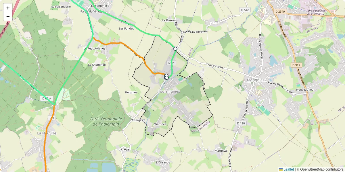 Carte du réseau de transport en commun à Tourmignies - lignes de bus et arrêts