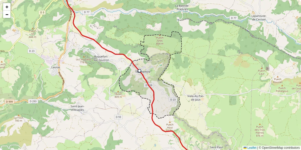 Carte du réseau de transport en commun à Tournemire - lignes de bus et arrêts