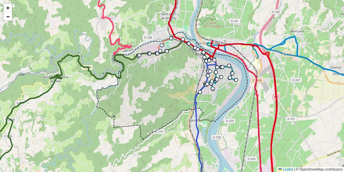 Carte du réseau de transport en commun à Tournon-sur-Rhône - lignes de bus et arrêts