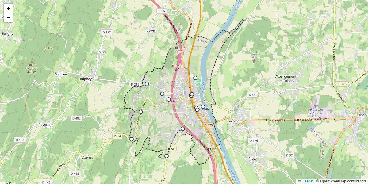 Carte du réseau de transport en commun à Tournus - lignes de bus et arrêts