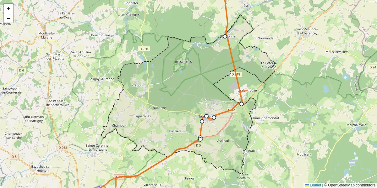 Carte du réseau de transport en commun à Tourouvre au Perche - lignes de bus et arrêts