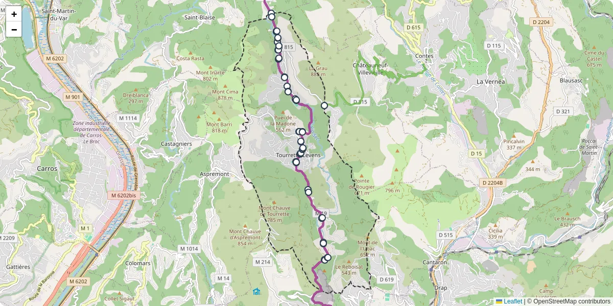 Carte du réseau de transport en commun à Tourrette-Levens - lignes de bus et arrêts