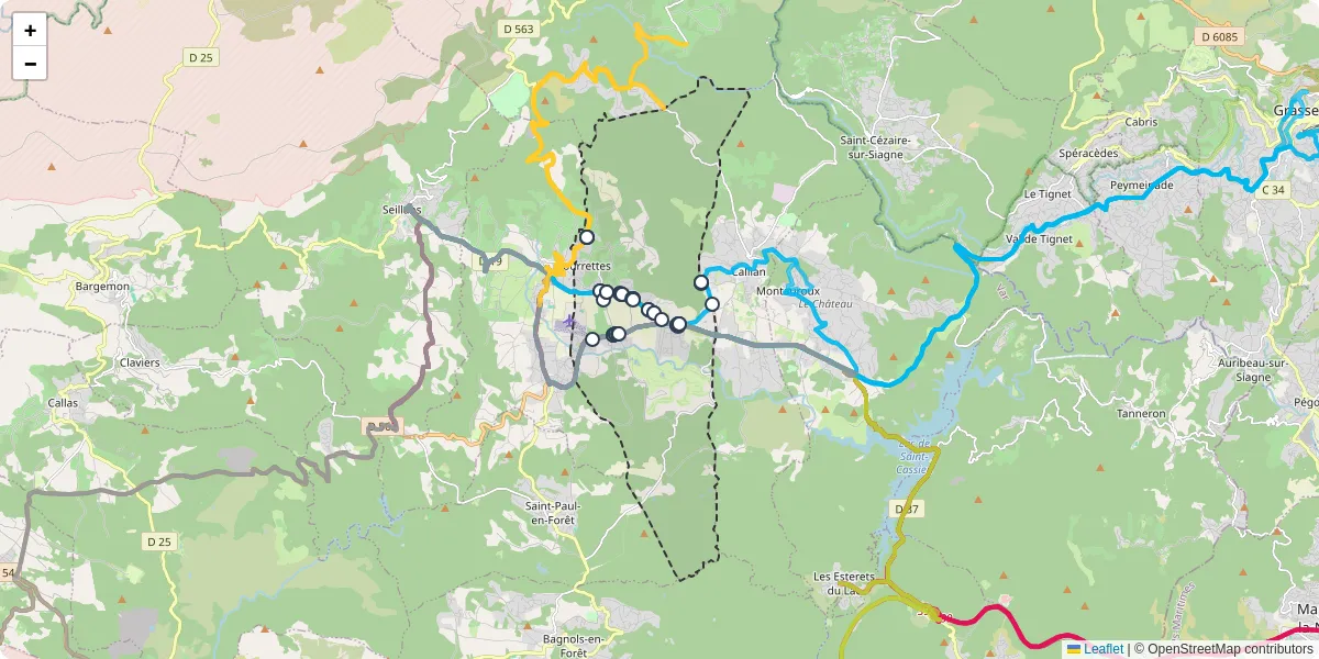 Carte du réseau de transport en commun à Tourrettes - lignes de bus et arrêts