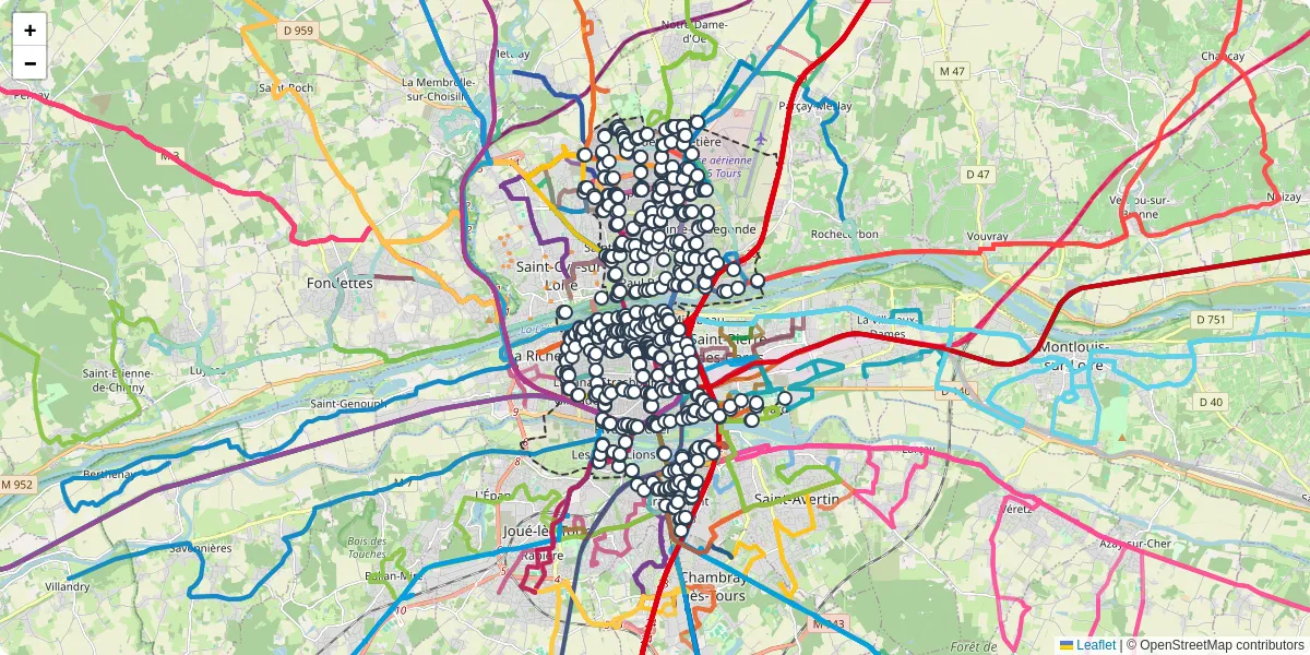 Carte du réseau de transport en commun à Tours - lignes de bus et arrêts